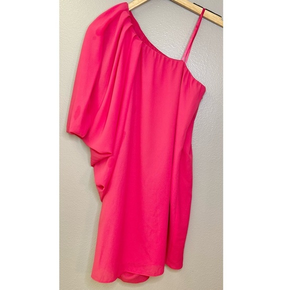 NWT Aidan Mattox One Shoulder Draped Flowy Lip Pink Mini Dress Party Bright Bold - Picture 3 of 9